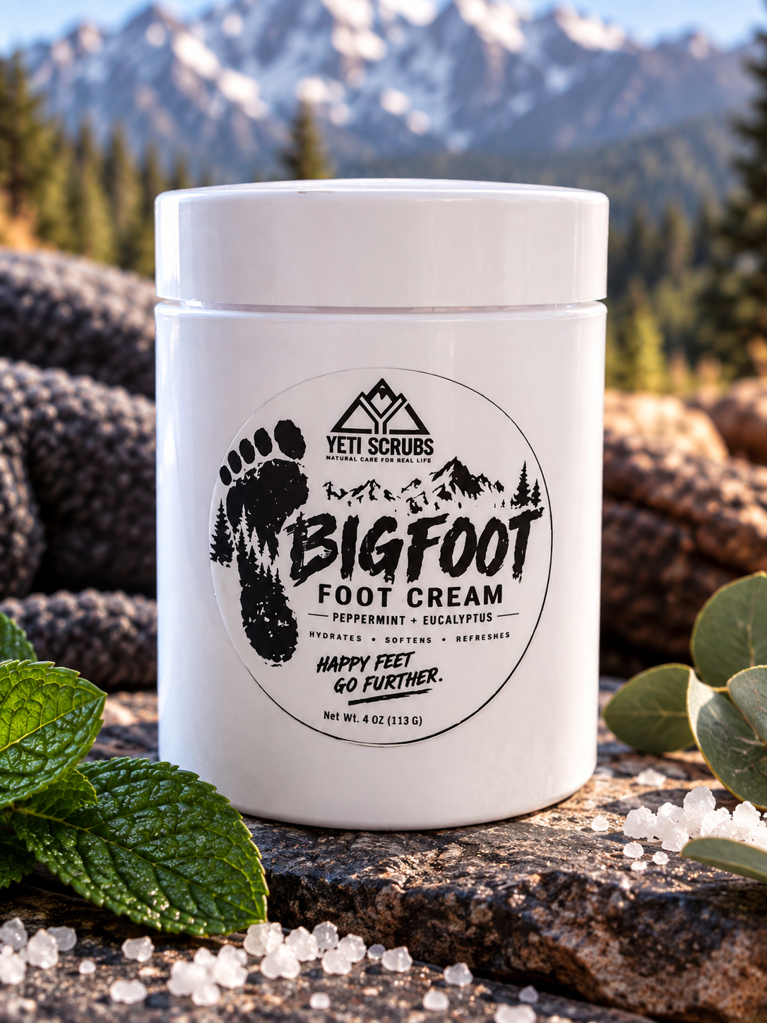 Yeti Scrubs Bigfoot Foot Cream with peppermint and eucalyptus in a rugged mountain setting
