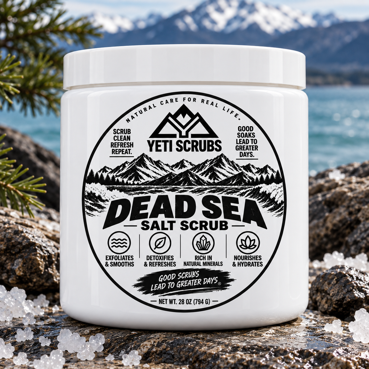 Big Sexy Dead Sea salt scrub by Yeti Scrubs in white jar with black thermal label