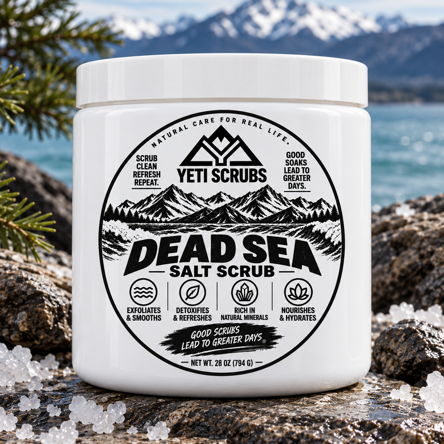 Big Sexy Dead Sea salt scrub by Yeti Scrubs in white jar with black thermal label
