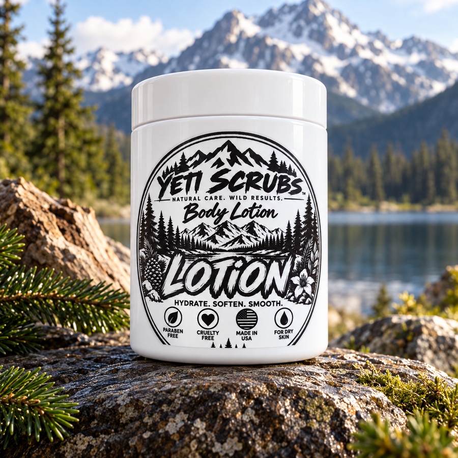 Yeti Scrubs Body Lotion in alpine mountain setting