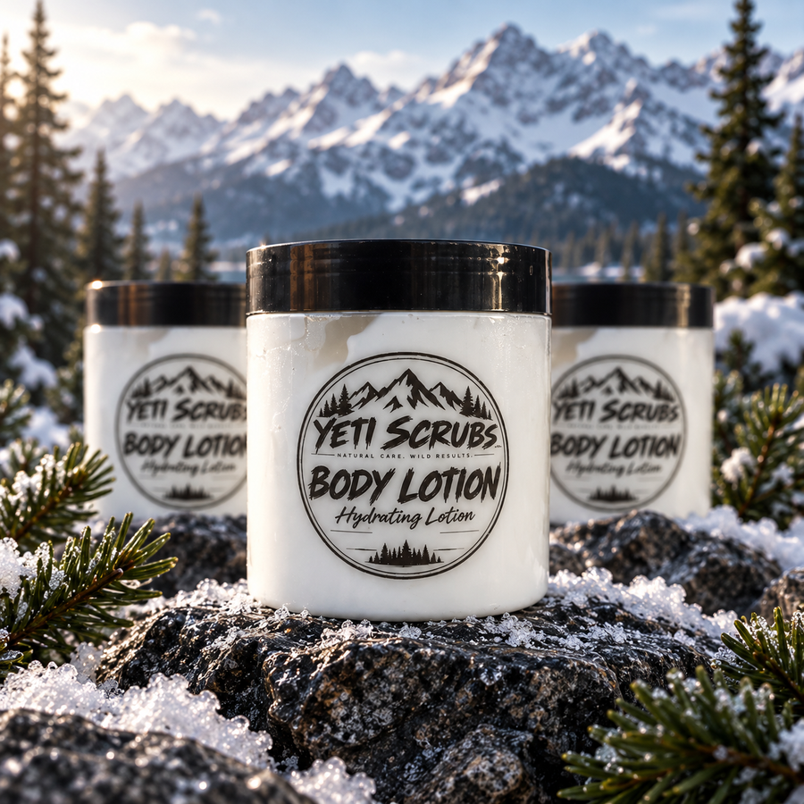 Yeti Scrubs Body Lotion in alpine mountain setting
